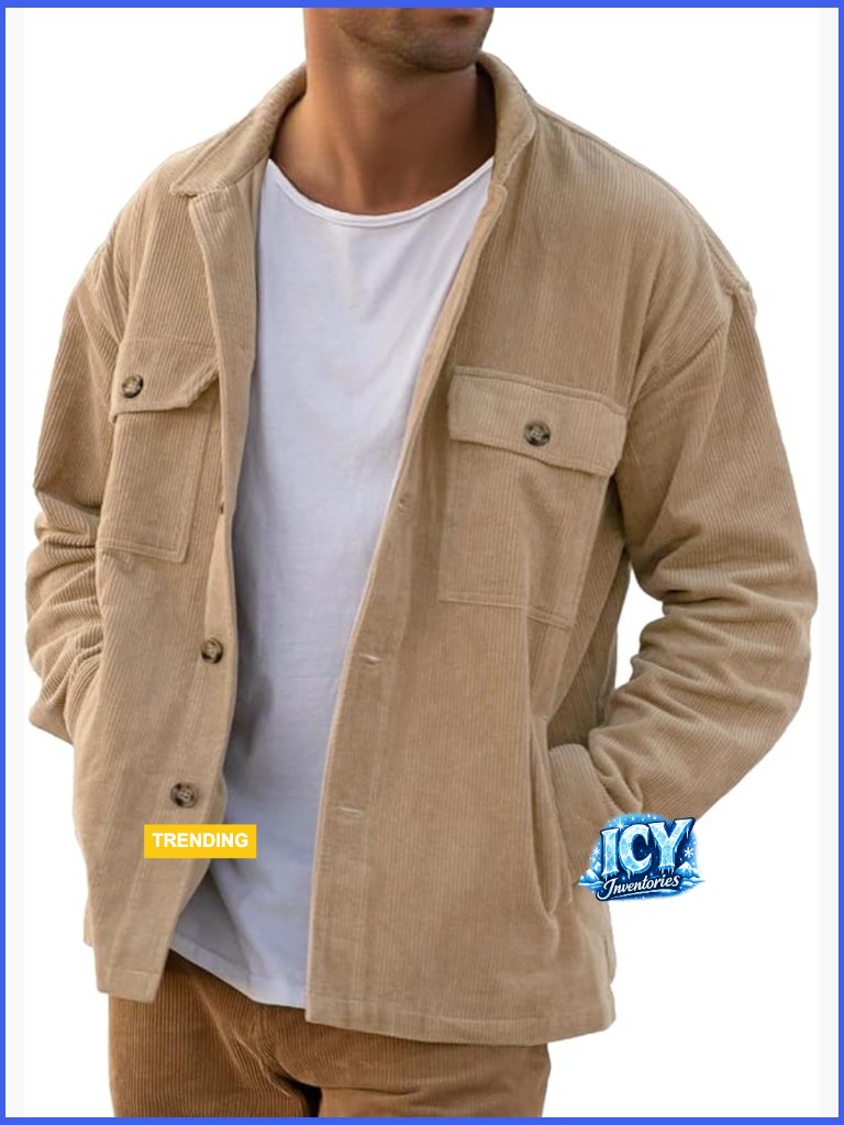 Corduroy Button Down Shacket With 4 Pockets Work Jacket Long Sleeve
